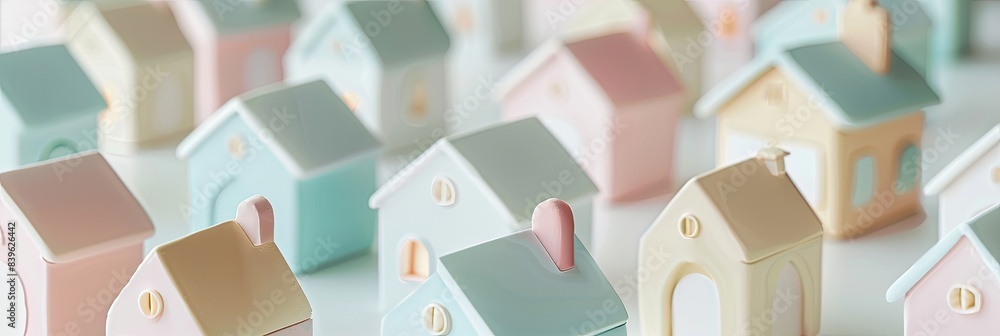Simple, abstract shapes of cute houses in pastel colors, arranged in a minimalist pattern Simple, abstract shapes of cute houses in pastel colors, arranged in a minimalist pattern