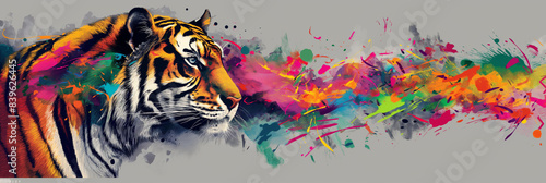a colorful splash of paint forms the head and mane of a majestic tiger, creating a vibrant design on a grey background