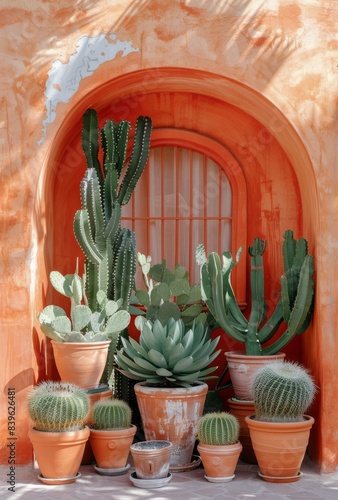 A Row of Potted Cacti in Front of an Orange Wall With a Window