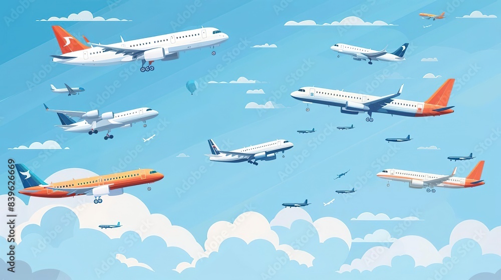 Multiple airplanes flying in a blue sky with clouds Multiple airplanes flying in a blue sky with clouds