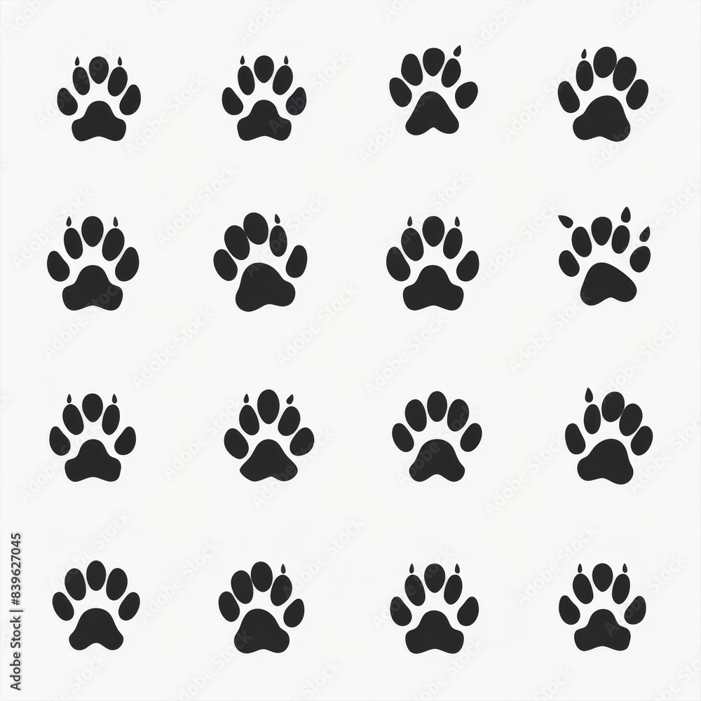 Paw footprint icon, animal foot print, dog step, wolf trail, bear trace silhouette, paw footprint on white Paw footprint icon, animal foot print, dog step, wolf trail, bear trace silhouette, paw footprint on white