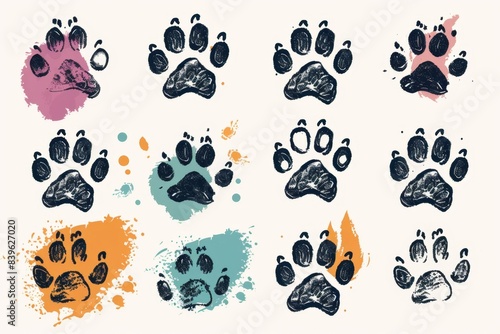 Paw footprint icon, animal foot print, dog graffiti spray step, wolf trail, bear trace silhouette, paw footprint