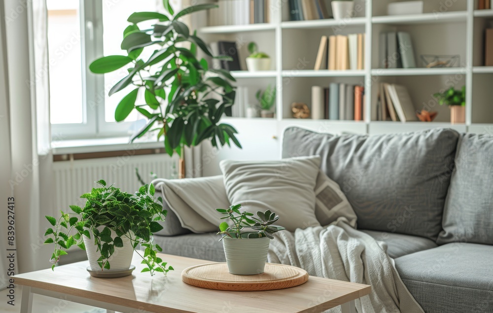 White living room with grey sofa and white bookcase against the window White living room with grey sofa and white bookcase against the window