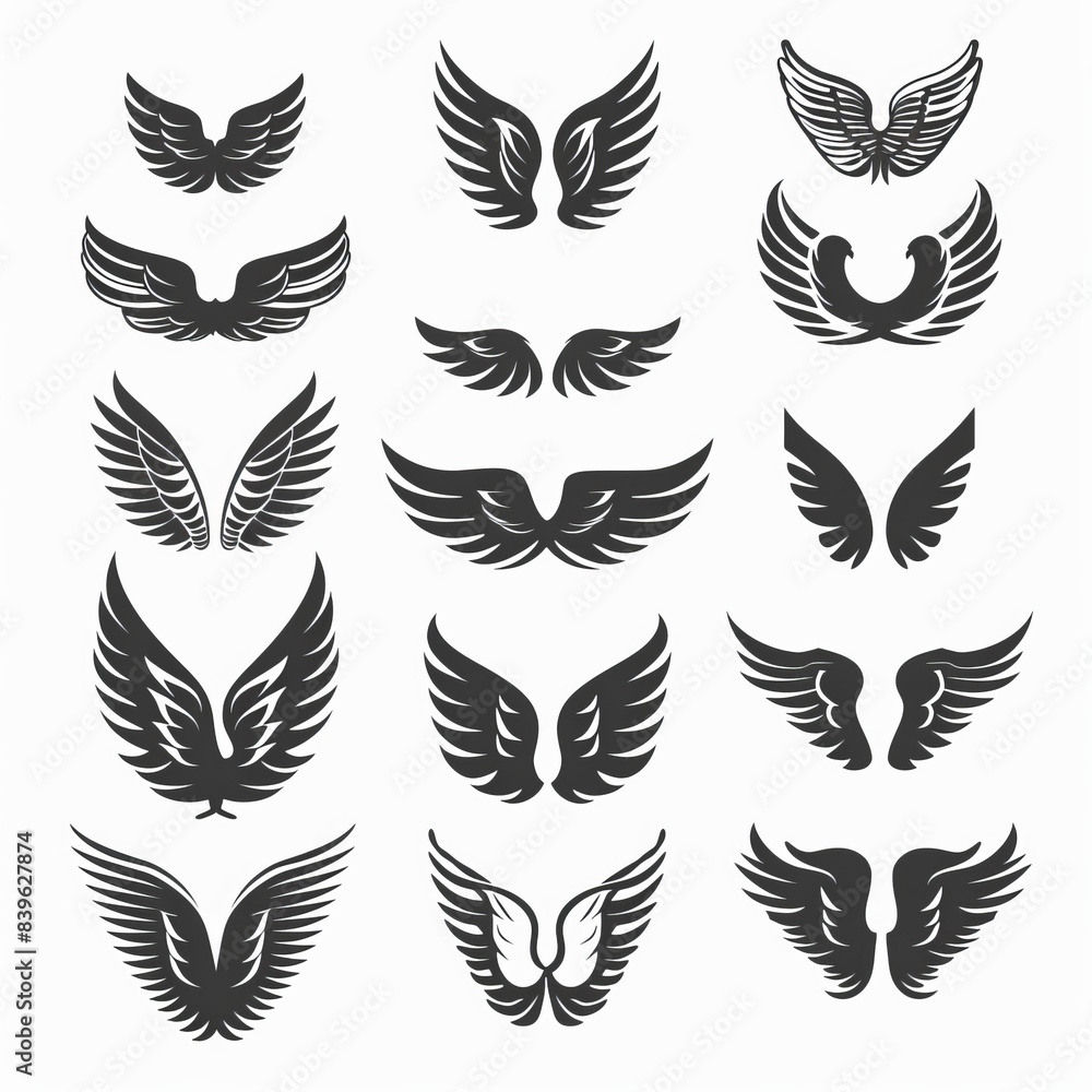 Wings flat icon, angel wings emblem, bird feathers minimal silhouette, pigeon sign, spirituality symbol Wings flat icon, angel wings emblem, bird feathers minimal silhouette, pigeon sign, spirituality symbol