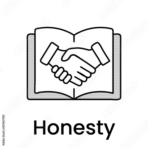 Honesty Icon: Handshake in Open Book for Trust and Transparency. Educational Integrity Icon, vector illustration. 