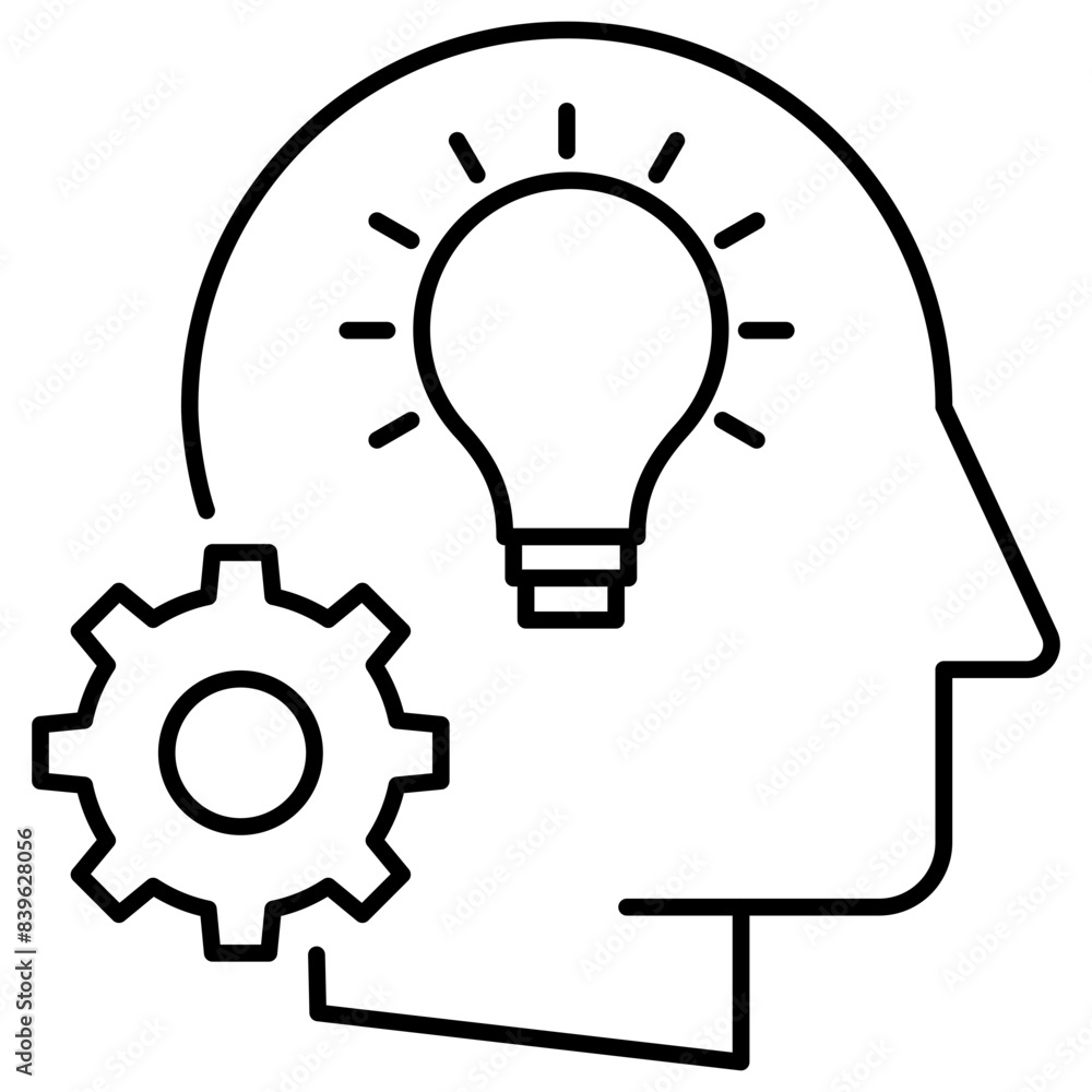 Creativity and Innovation. Idea generation. Head with light bulb and cog. Innovative Solutions, Brainstorming Concept Vector icon on a transparent background. Creativity and Innovation. Idea generation. Head with light bulb and cog. Innovative Solutions, Brainstorming Concept Vector icon on a transparent background.