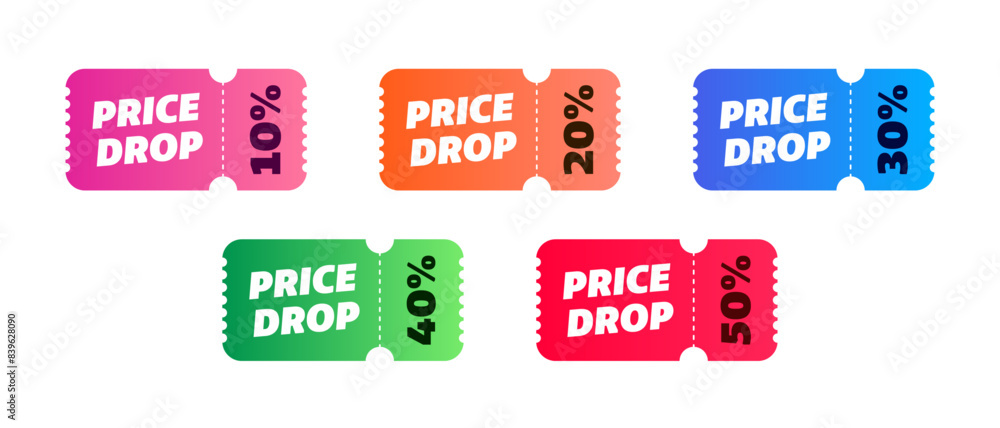 price drop set sale colorful ticket 10% 20% 30% 40% 50% price drop set sale colorful ticket 10% 20% 30% 40% 50%