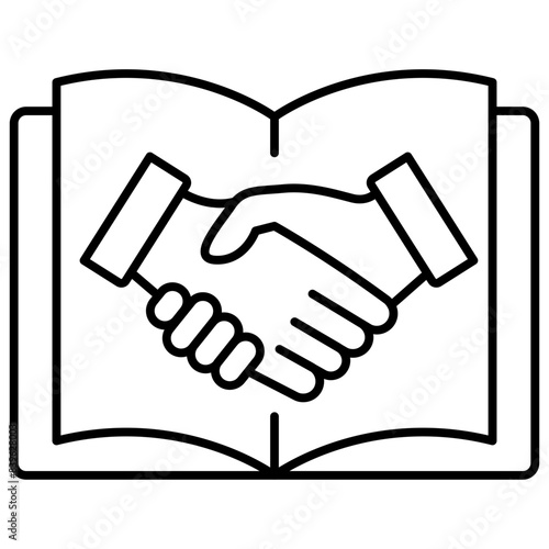 Integrity and Trust: Handshake on Book.Business Ethics: Handshake on Book, Black Outline Vector Icon