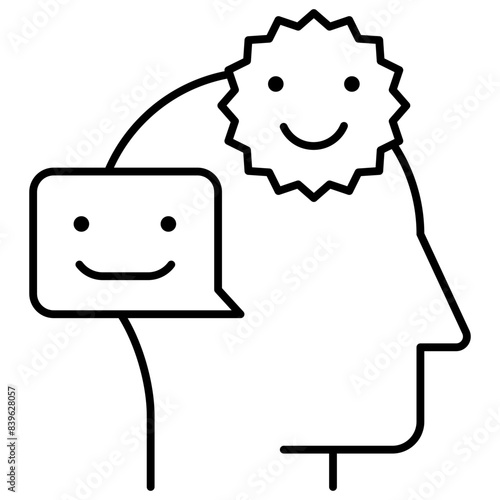 Happiness icon, optimistic concept. Optimist Icon. Smiling Head with Positive Expression. Positive Emotion Icon. Happy Head with Smile. Black Vector Outline 