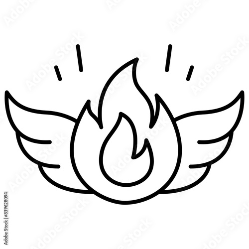 Passion icon. Flame with wings icon. Dynamic Passion. Fire with Wings. Black Vector Outline Icon for Motivation.