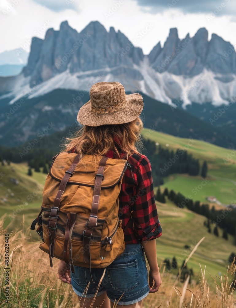 Woman Hiking With Backpack In Mountainous Landscape Woman Hiking With Backpack In Mountainous Landscape