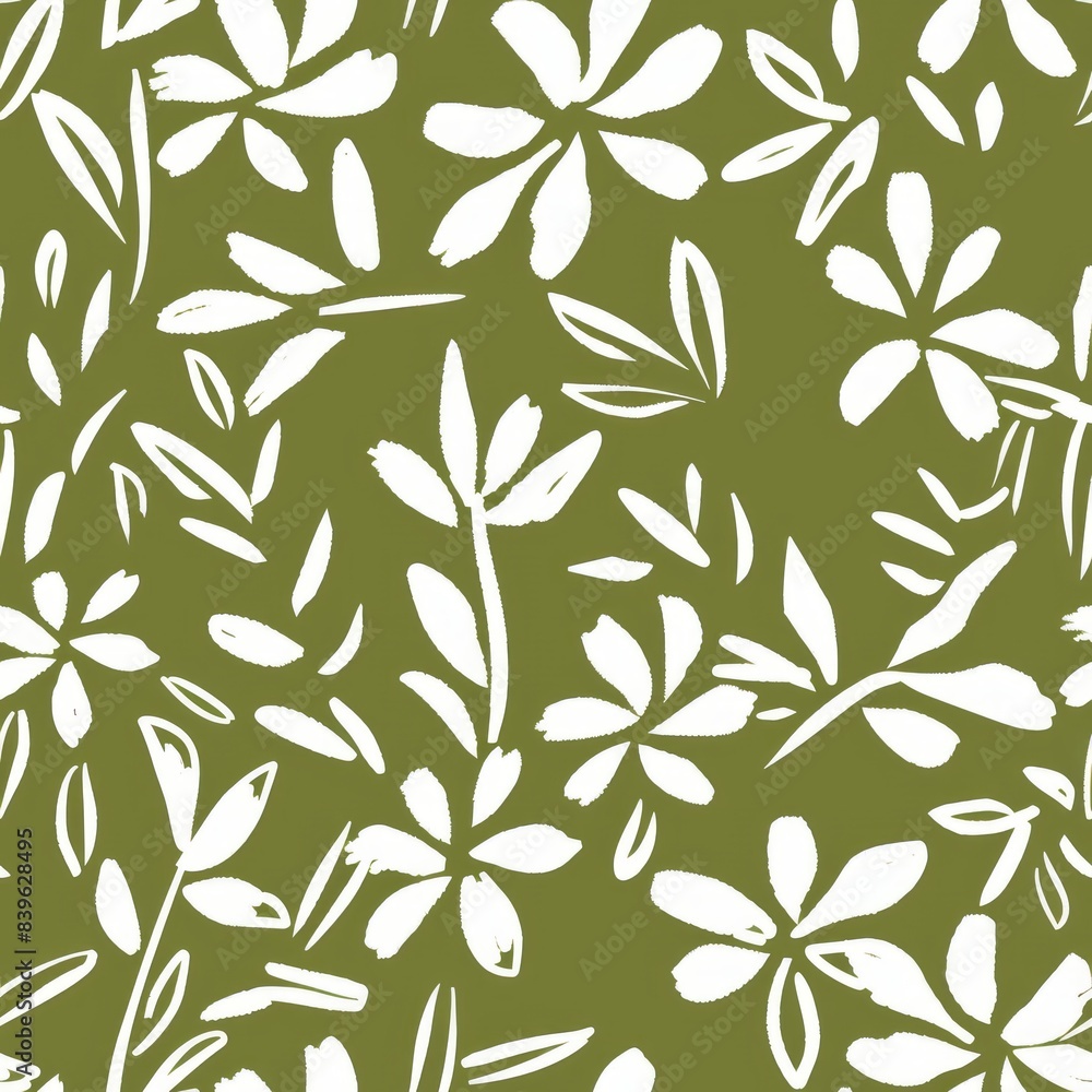 Fototapeta premium A pattern of flowers and leaves, painted with thick brush strokes using only white on an olive green background