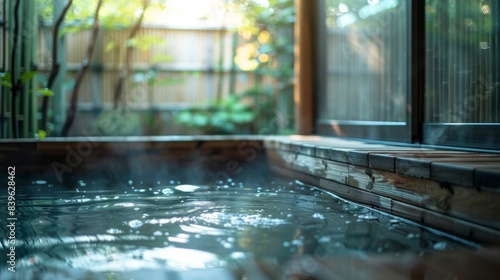 Tranquil scene of a steamy spa setting  beckoning tranquility with its cozy hot springs and bamboo partitions