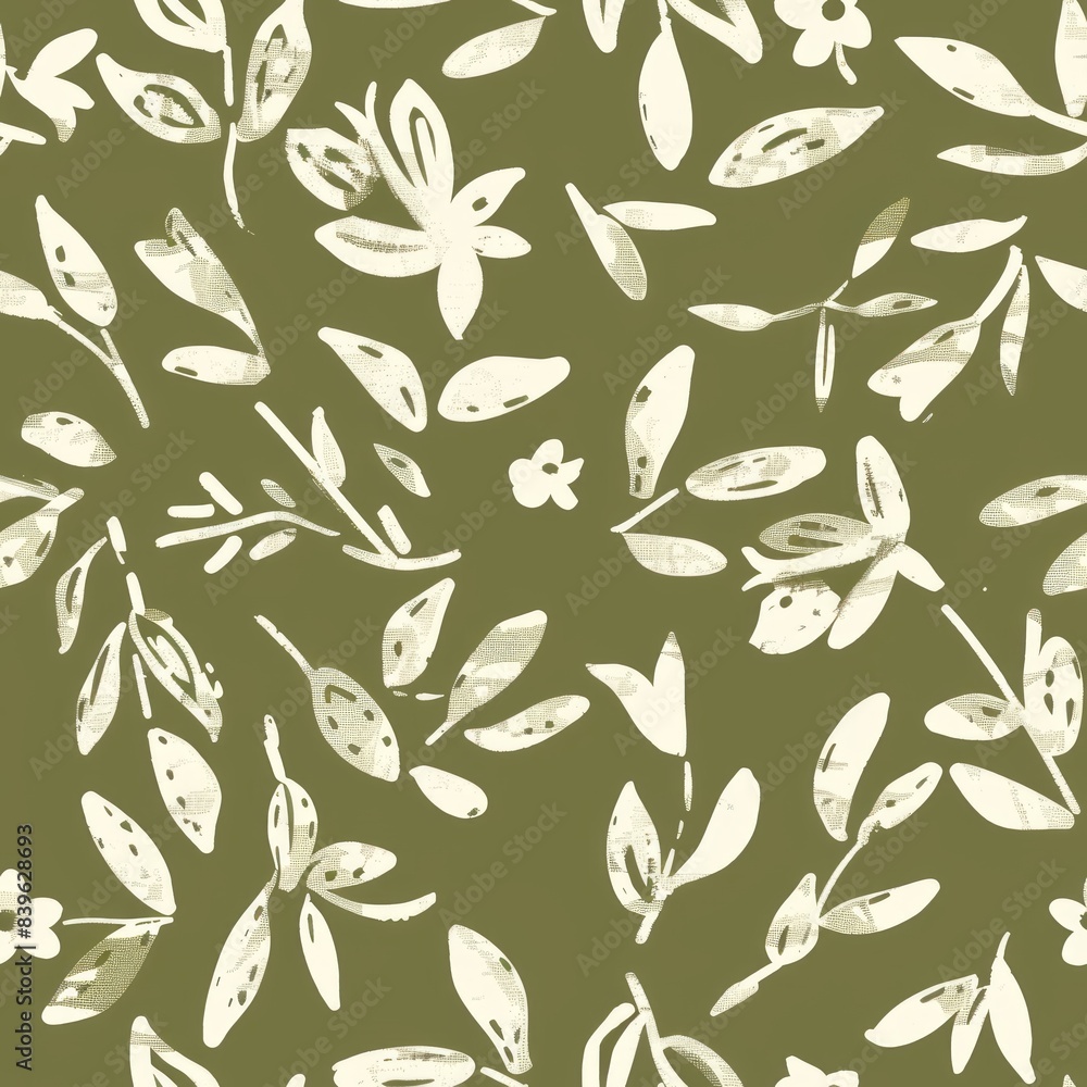 A pattern of flowers and leaves, painted with thick brush strokes using only white on an olive green background A pattern of flowers and leaves, painted with thick brush strokes using only white on an olive green background