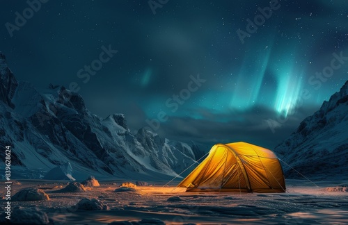 Illuminated Tent Floating on Frozen Lake Under Northern Lights