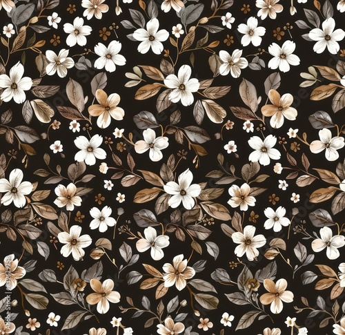 A pattern of small, white flowers with brown and green leaves on black background, in the style vintage retro floral prints