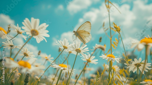 Beautiful field meadow flowers chamomile and butterfly against blue sky with clouds, nature spring summer landscape, close-up macro © Muhammad