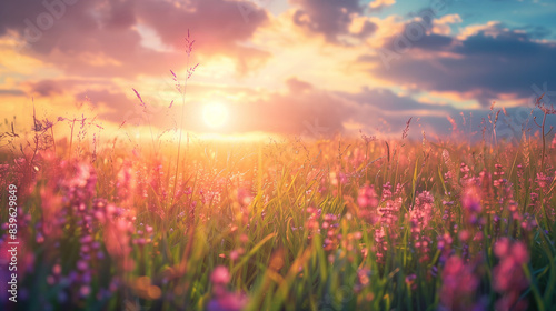 Beautiful natural panoramic countryside landscape. Blooming wild high grass in nature at sunset warm summer. Pastoral scenery. Selective focusing on foreground.