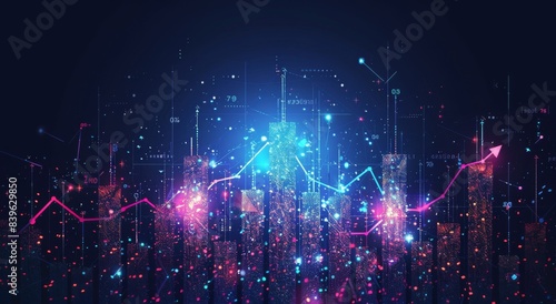 Abstract Digital Cityscape With Upward Trending Graphs and Data