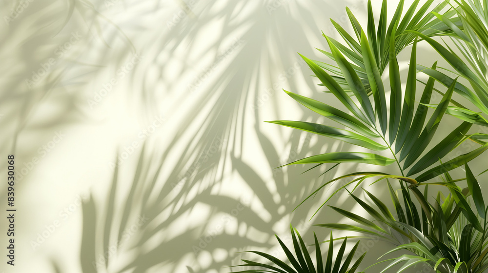 Blurred shadow from palm leaves on light cream wall. Minimalistic beautiful summer spring background for product presentation. Blurred shadow from palm leaves on light cream wall. Minimalistic beautiful summer spring background for product presentation.