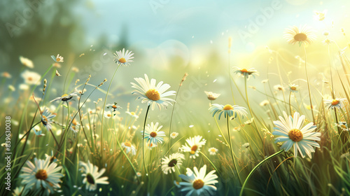 Beautiful spring and summer natural landscape with blooming field of daisies in the grass in the hilly countryside