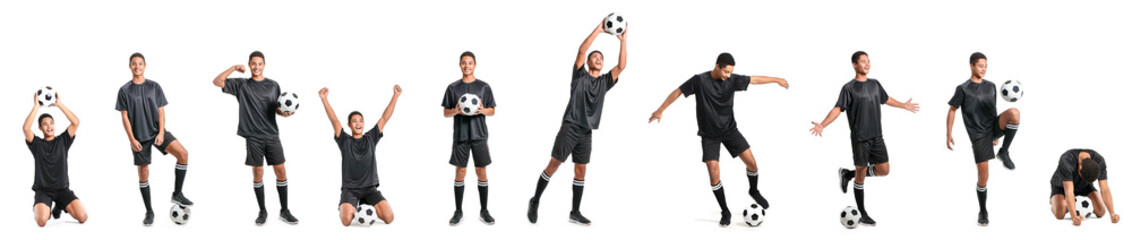 Set of young African-American football player on white background