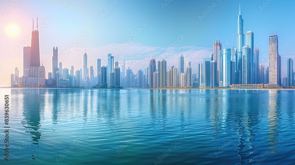 Modern city skyline with skyscrapers and a clear blue sky over a lake, with reflections of buildings on the water surface.