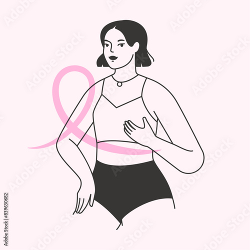 Breast cancer awareness month. Young woman doing a breast self examination. Manual cancer test. Minimalist hand drawn illustration of a female with a pink ribbon. Isolated flat vector design