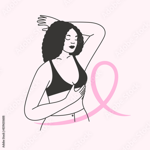 Breast cancer awareness month. Black woman in bra doing a manual breast self examination. Minimalist hand drawn illustration of a female with a pink ribbon. Isolated flat vector design