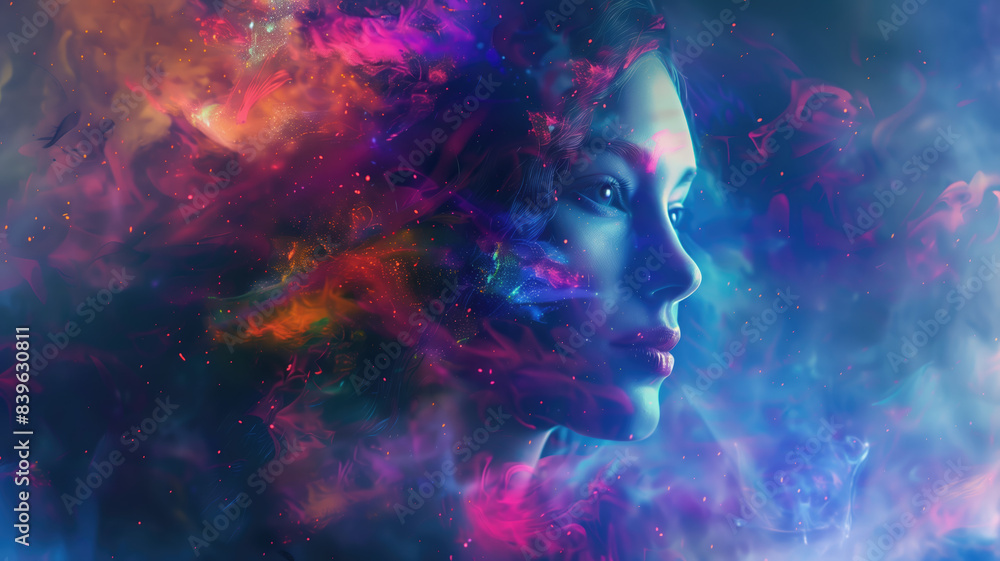 beautiful fantasy abstract portrait of a beautiful woman double exposure with a colorful digital paint splash or space nebula Generative AI beautiful fantasy abstract portrait of a beautiful woman double exposure with a colorful digital paint splash or space nebula Generative AI