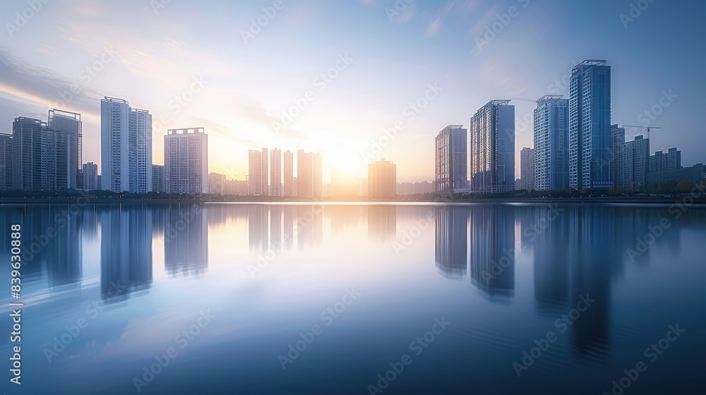 Modern city skyline with skyscrapers and a clear blue sky over a lake, with reflections of buildings on the water surface. Modern city skyline with skyscrapers and a clear blue sky over a lake, with reflections of buildings on the water surface.