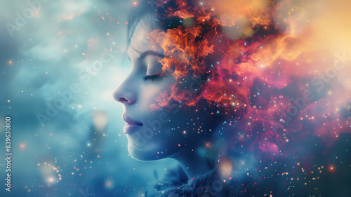 beautiful fantasy abstract portrait of a beautiful woman double exposure with a colorful digital paint splash or space nebula Generative AI