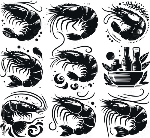 Vector illustration of a shrimp, a member of the Caridea order, depicted in a scratchboard style. This hand-drawn image captures the intricate details of the shrimp's anatomy