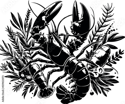 Vector illustration of a shrimp, a member of the Caridea order, depicted in a scratchboard style. This hand-drawn image captures the intricate details of the shrimp's anatomy