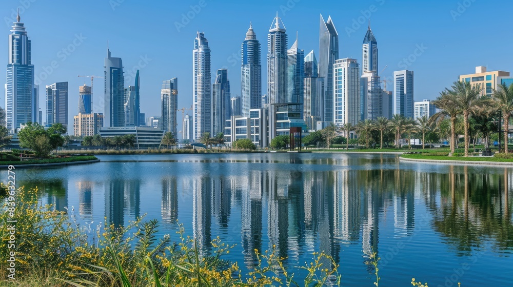 Modern city skyline with skyscrapers and a clear blue sky over a lake, with reflections of buildings on the water surface. Modern city skyline with skyscrapers and a clear blue sky over a lake, with reflections of buildings on the water surface.