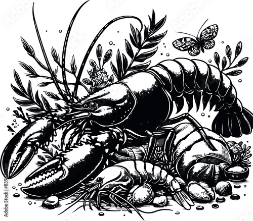 Vector illustration of a shrimp, a member of the Caridea order, depicted in a scratchboard style. This hand-drawn image captures the intricate details of the shrimp's anatomy