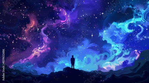 Silhouette of a man standing on a mountain under a starry night sky for a cosmic or nature inspired design