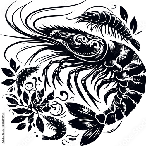 Vector illustration of a shrimp, a member of the Caridea order, depicted in a scratchboard style. This hand-drawn image captures the intricate details of the shrimp's anatomy