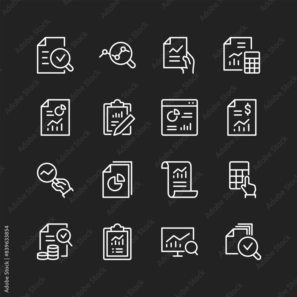 Auditing and Financial Analytics icon set, white lines on black background. Review account documents, taxation reports, analytical documentation. Examine data. Customizable line thickness Auditing and Financial Analytics icon set, white lines on black background. Review account documents, taxation reports, analytical documentation. Examine data. Customizable line thickness