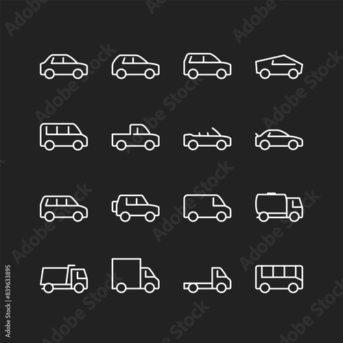 Cars, trucks, vans icon set, white lines on black background. Passenger and commercial vehicles for people and cargo transportation. Customizable line thickness.