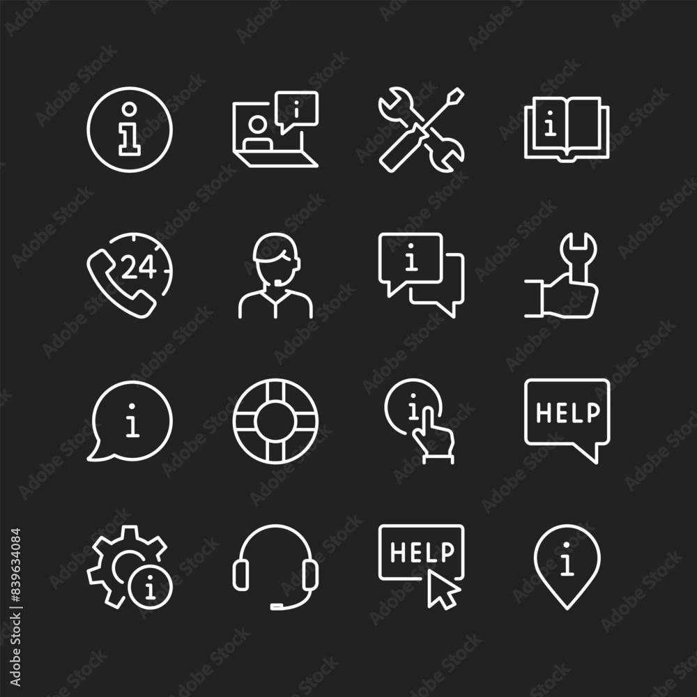 Information support icons, white on black background. Useful advice, knowledge sources, willingness to help on issues. Customizable line thickness Information support icons, white on black background. Useful advice, knowledge sources, willingness to help on issues. Customizable line thickness