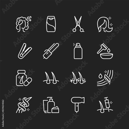 Hair care icons, white on black background. Healthy hair, scalp, haircuts, washing. Hairstyling tools and equipment. Customizable line thickness