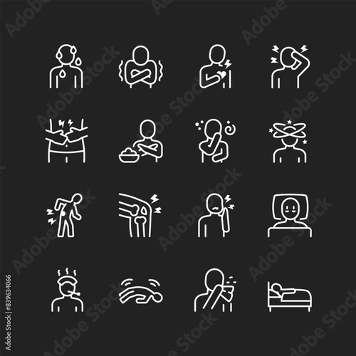 Disease, sickness icons, white lines on black background. Deteriorating health, illness. Viral fevers, chills, body, organ pains, disorders. Customizable line thickness