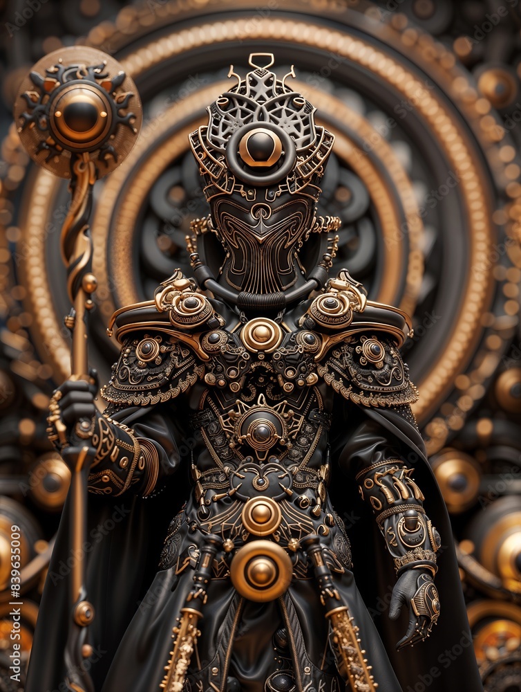 Fototapeta premium Futuristic Steampunk Warrior with Intricate Armor Holding Staff in Ornate Setting