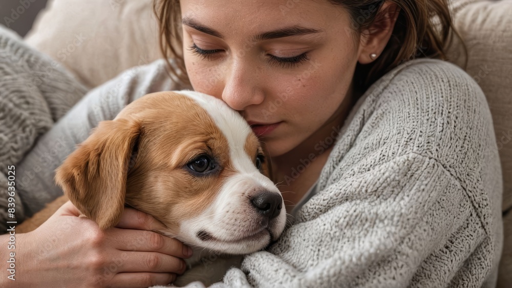 A heartwarming moment of a person cuddling a newly adopted puppy, showcasing the bond and affection between them, with soft lighting emphasizing the tenderness in their expressions A heartwarming moment of a person cuddling a newly adopted puppy, showcasing the bond and affection between them, with soft lighting emphasizing the tenderness in their expressions