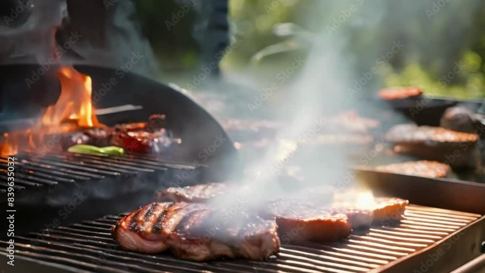 The smoke swiftly drifts away while the meat cooks on the barbecue The smoke swiftly drifts away while the meat cooks on the barbecue