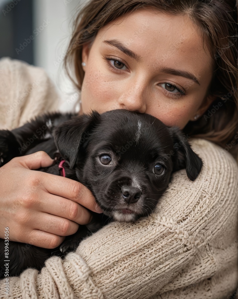 A heartwarming moment of a person cuddling a newly adopted puppy, showcasing the bond and affection between them, with soft lighting emphasizing the tenderness in their expressions A heartwarming moment of a person cuddling a newly adopted puppy, showcasing the bond and affection between them, with soft lighting emphasizing the tenderness in their expressions