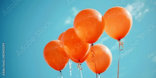 Vivid image of orange balloons against a clear sky. Concept Orange Balloons, Clear Sky, Vivid Colors, Outdoor Photoshoot, Fun Portrait photo