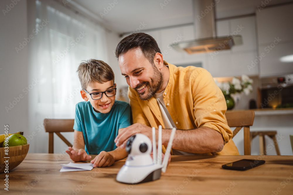 Father and son connect and install cctv security surveillance camera Father and son connect and install cctv security surveillance camera