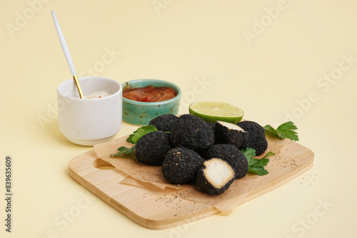 Black coated fried appetize...